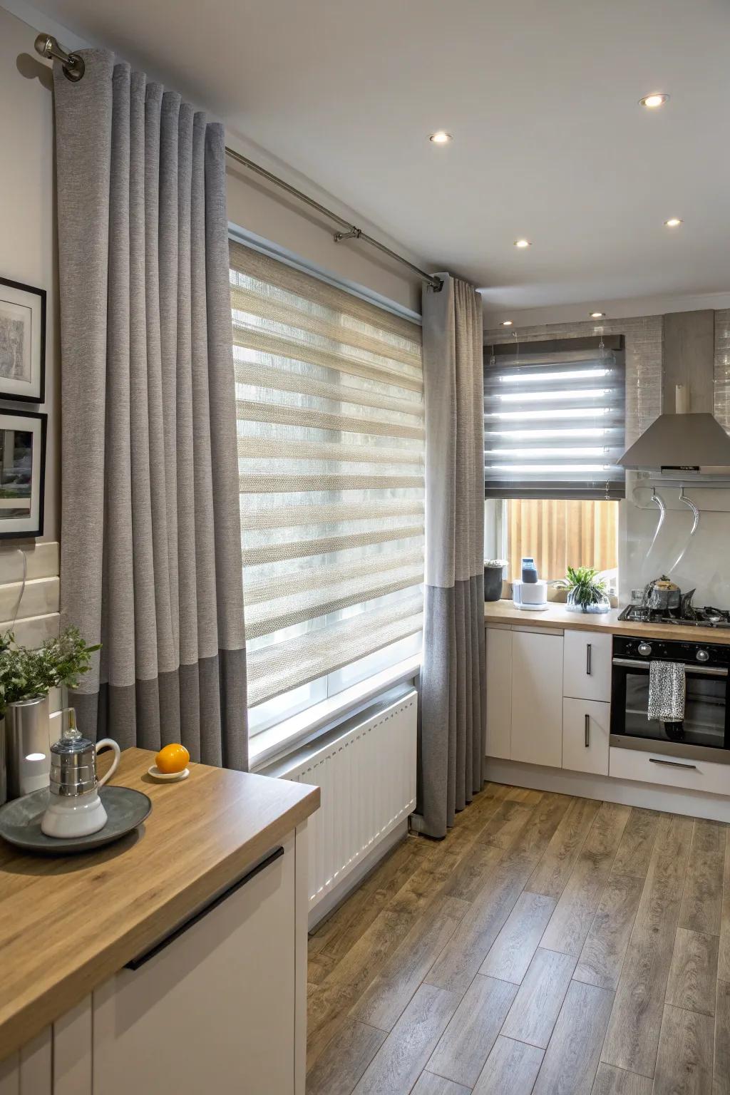 Stratify gray drapes over louvers for versatile illumination and seclusion governance.