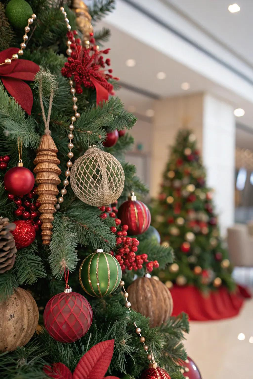 An eclectic Christmas tree featuring diverse crimson and emerald decorations.