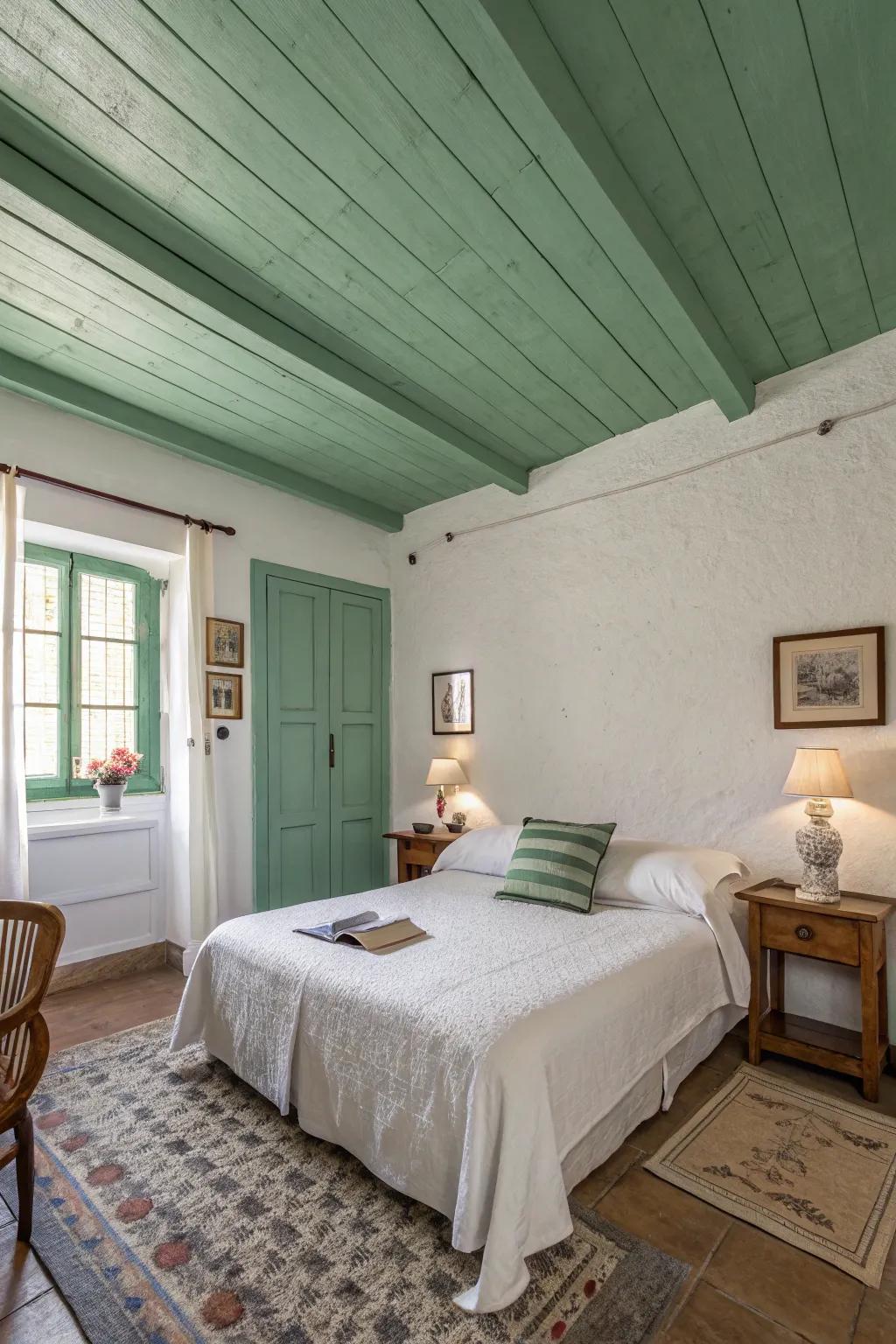 A green ceiling adds a unique twist to the design.