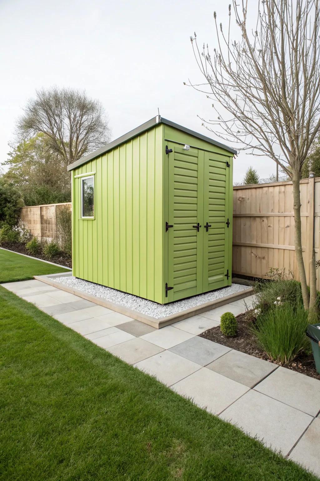 A citrus green storage creates a vibrant and modern focal point.