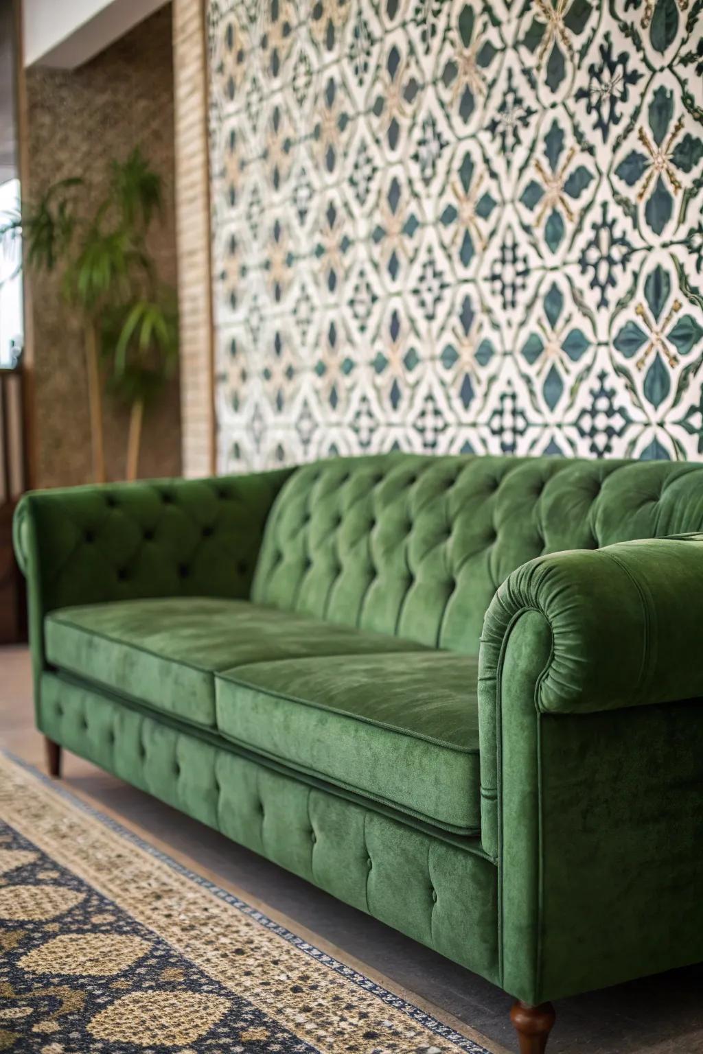 A bold lounge featuring a green velvet couch and a highlight wall.