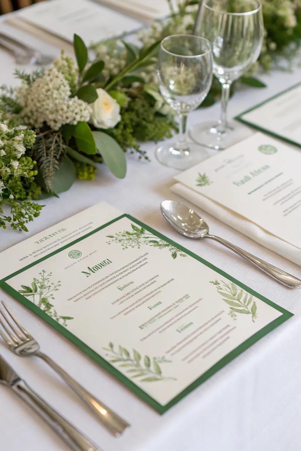 Verdant cards unifying the tablescape.