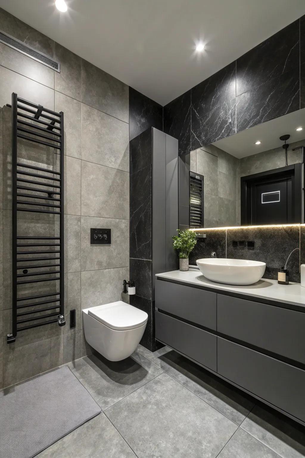 Black details enhance elegance to the grey bathroom.