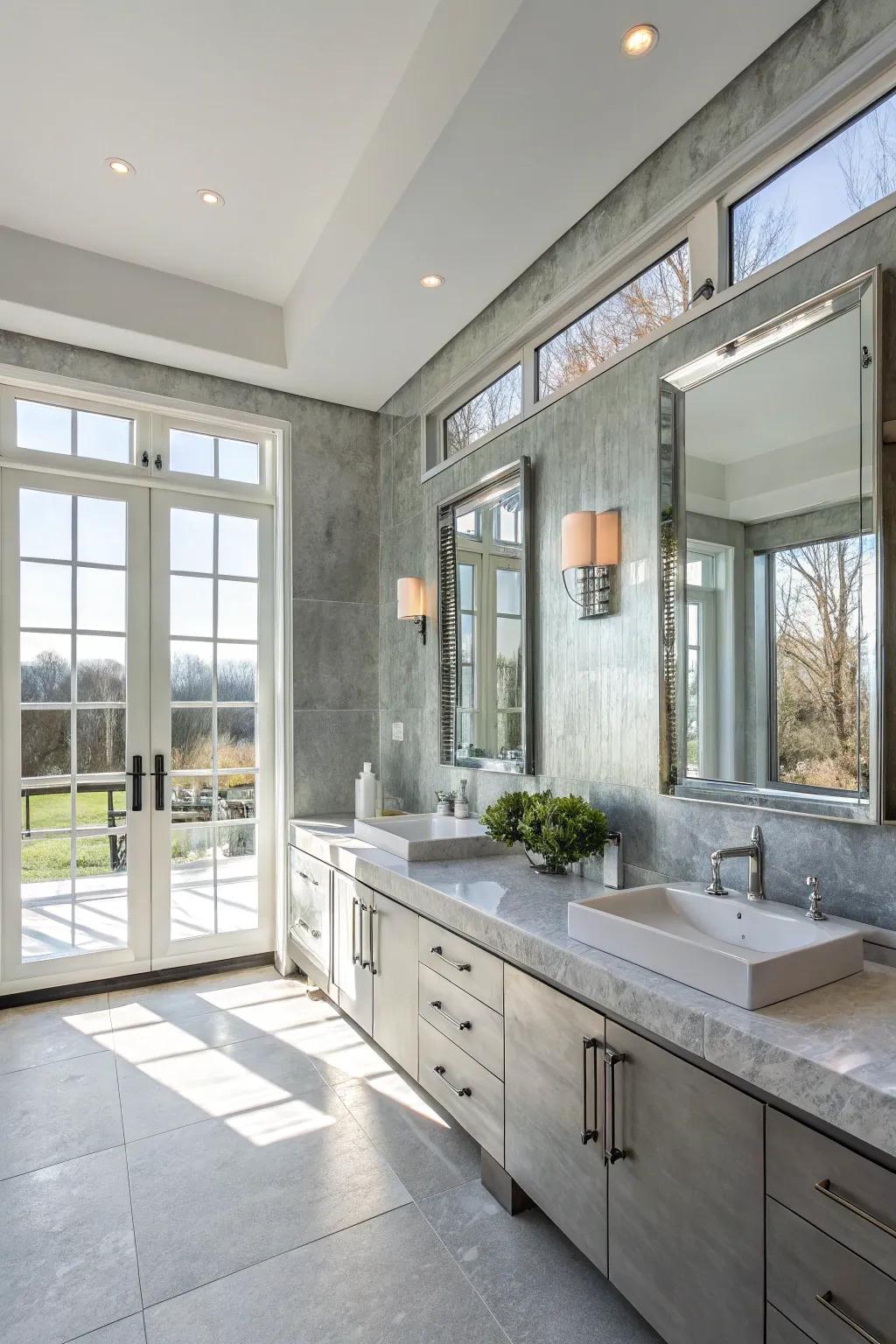 Silver grey partitions reflect luminescence exquisitely, rendering this lavatory feeling more spacious.