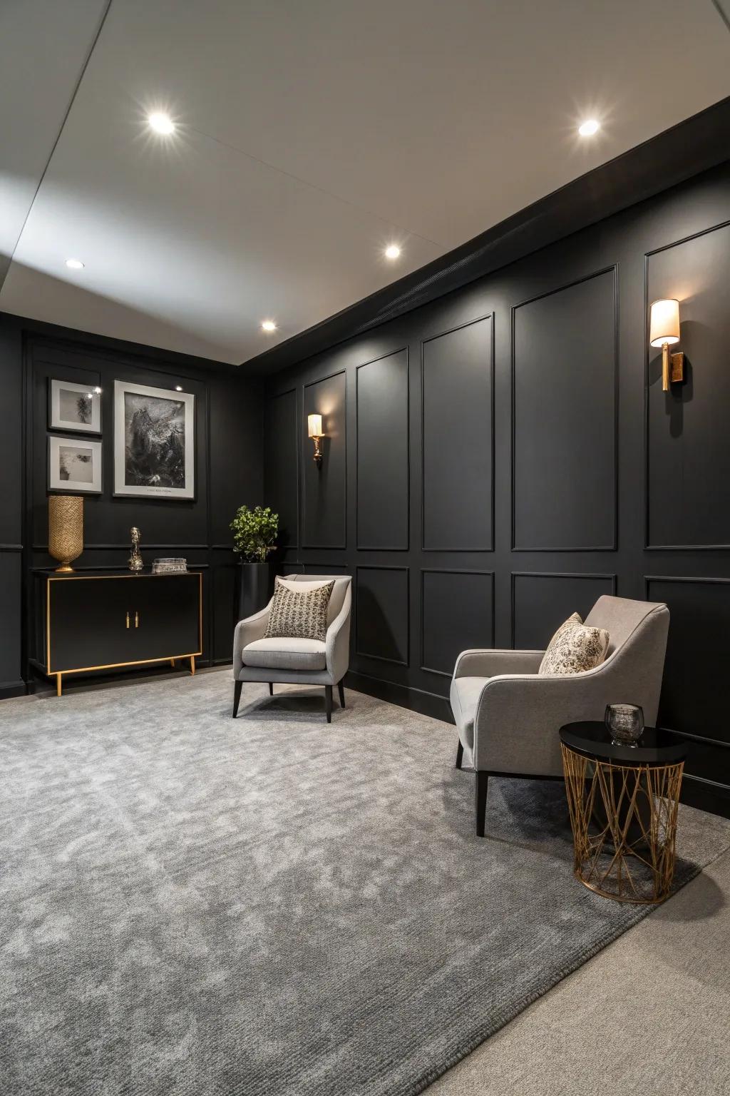 Onyx walls make a bold declaration adjacent to grey carpets.