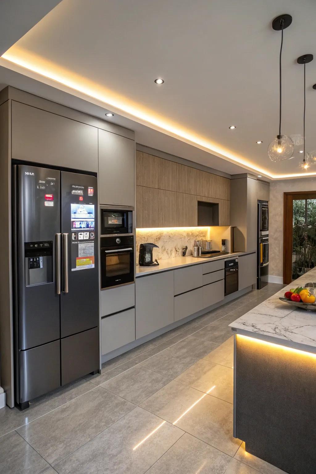 Intelligent technology elevates the functionality of a grey kitchen.