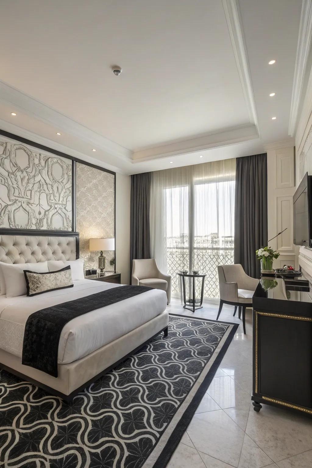 A chic guest room with a timeless grayscale palette.