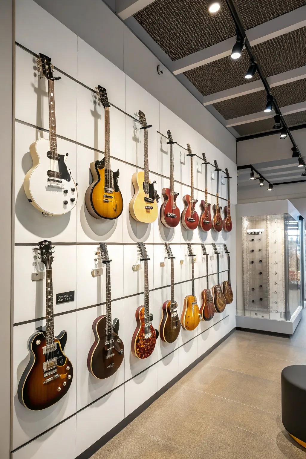 Guitars exhibited in a geometric arrangement for a contemporary touch.
