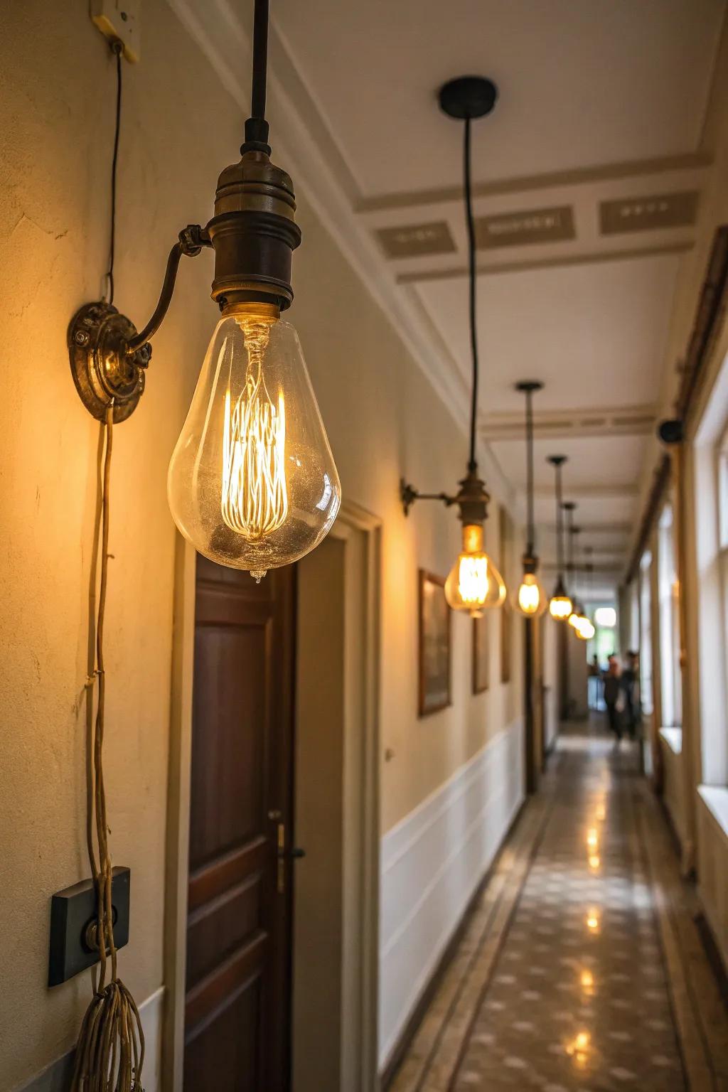 Vintage bulbs contribute to charm and warmth.