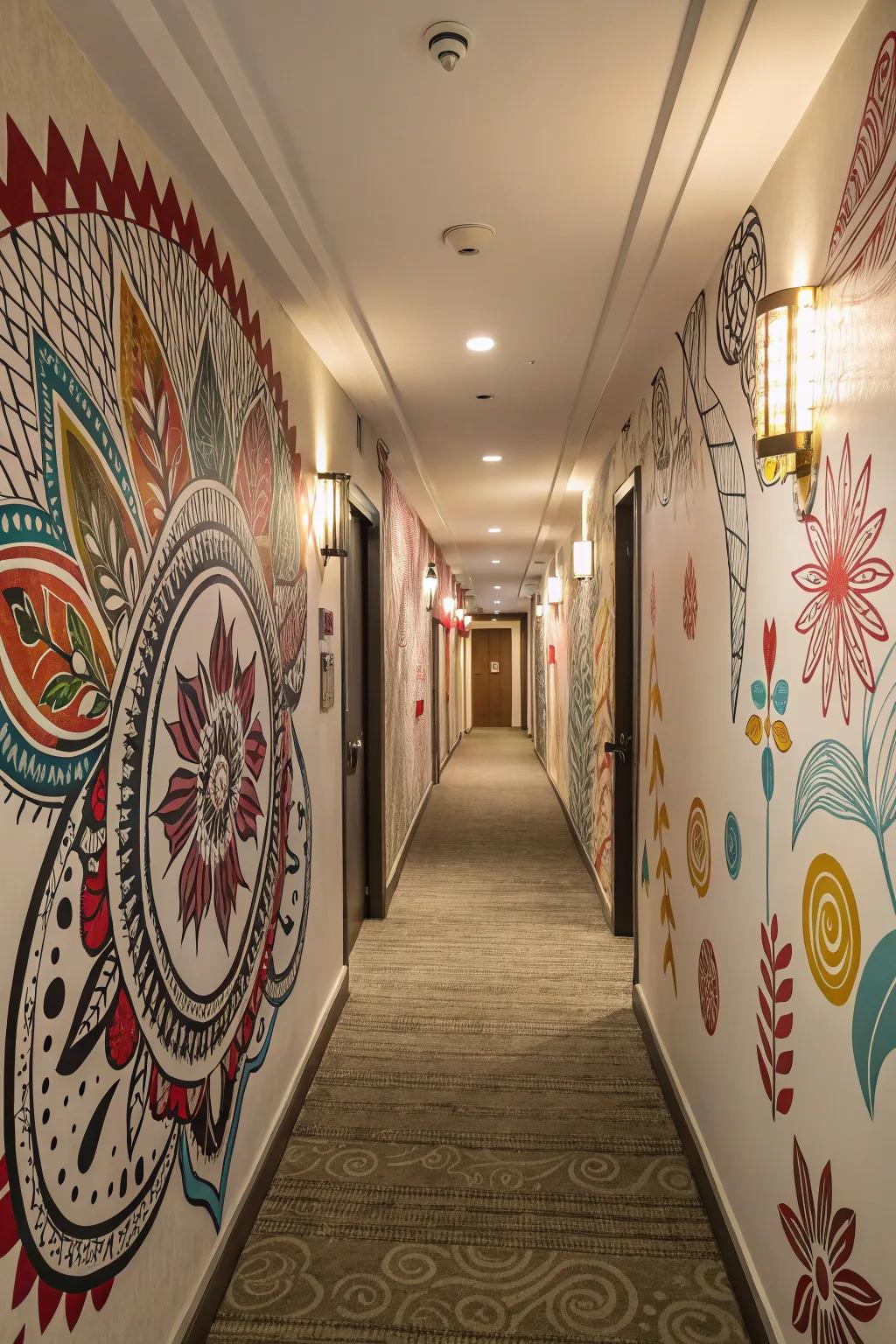 A gallery-like hallway featuring a stunning scenery surface covering.