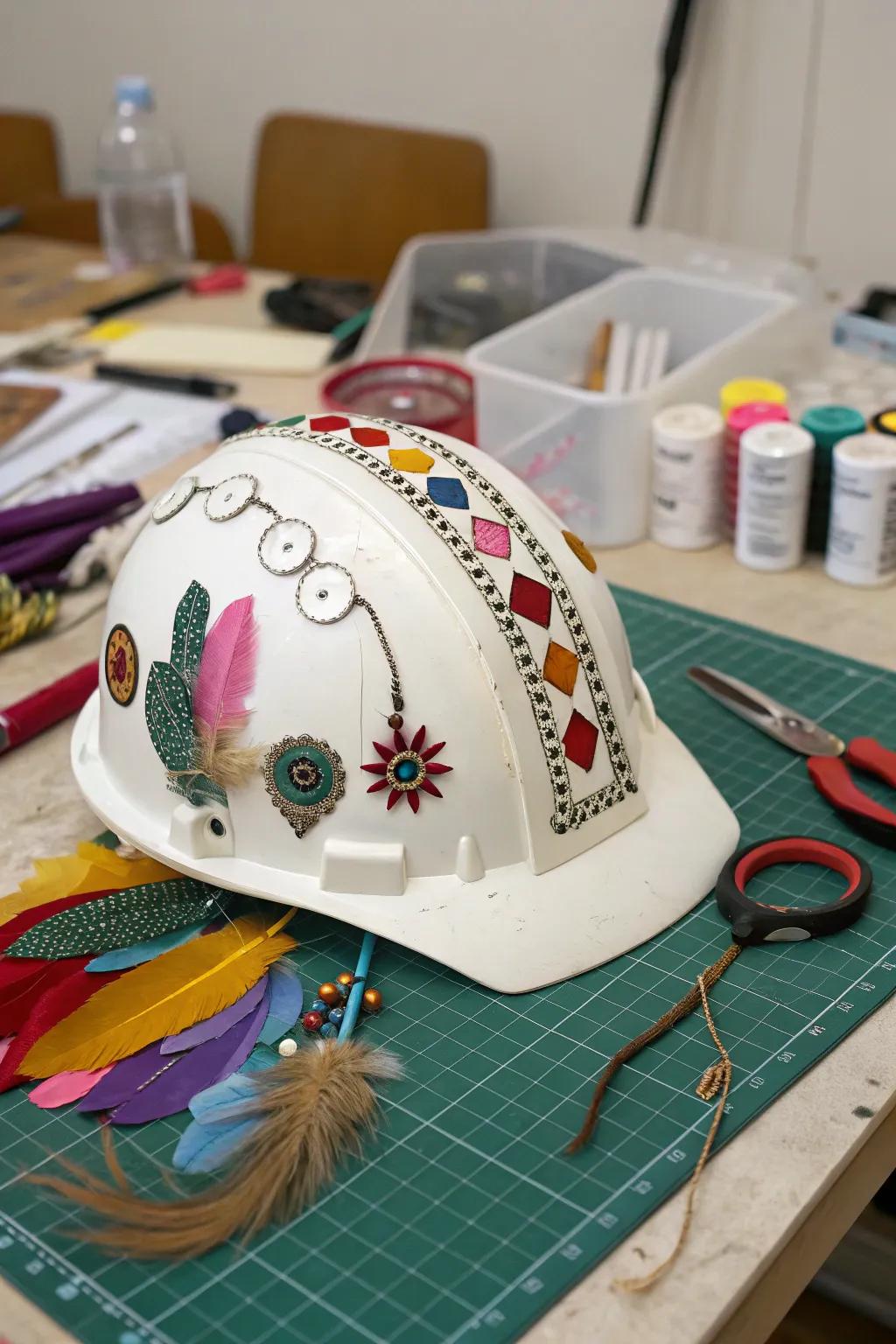 A hard hat ingeniously styled using resources that have been reclaimed.