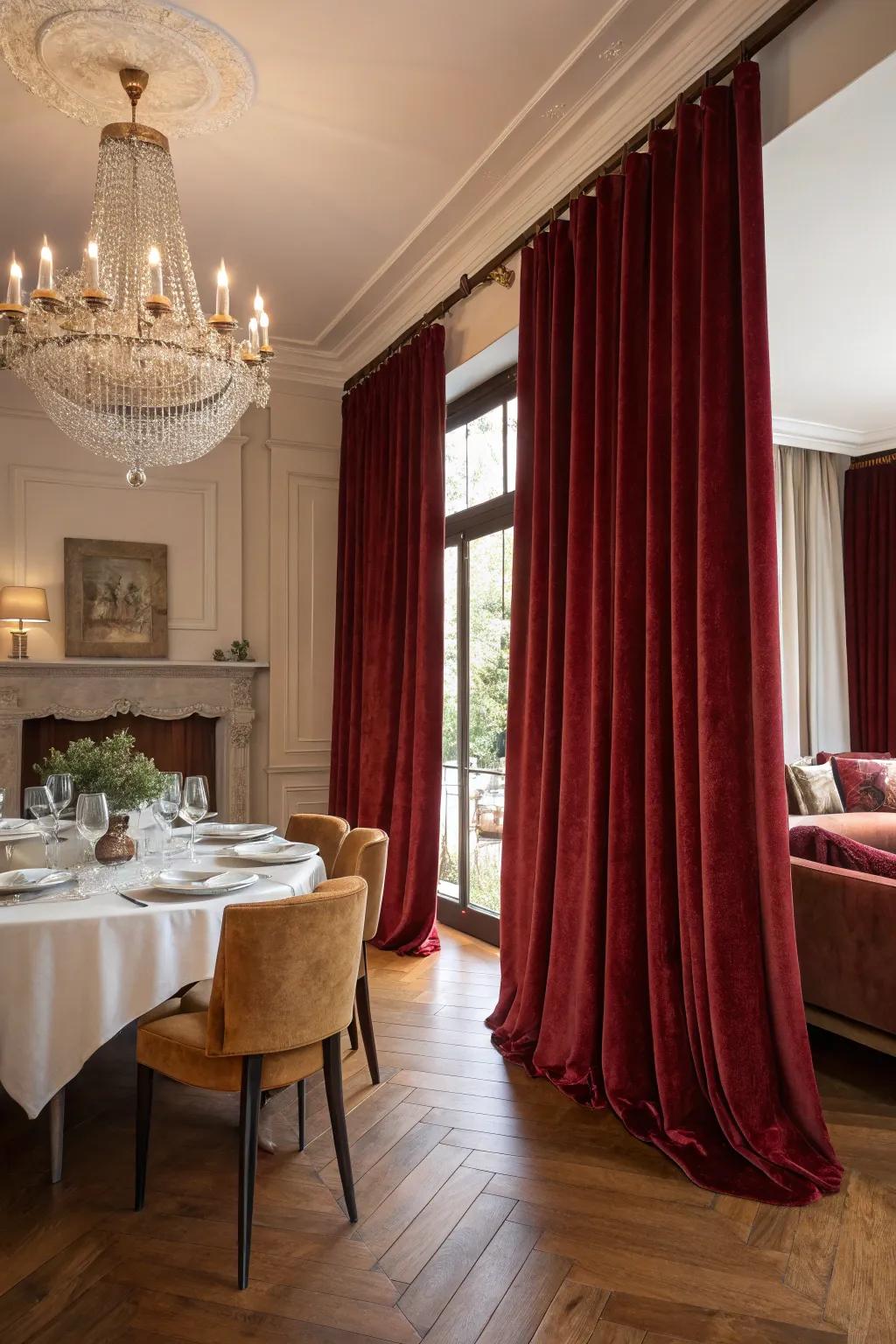 Window coverings introduce drama and elegance, enhancing the room's overall aesthetic.