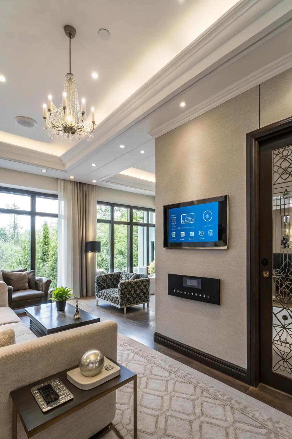 A living room equipped with connected-home features for added convenience.