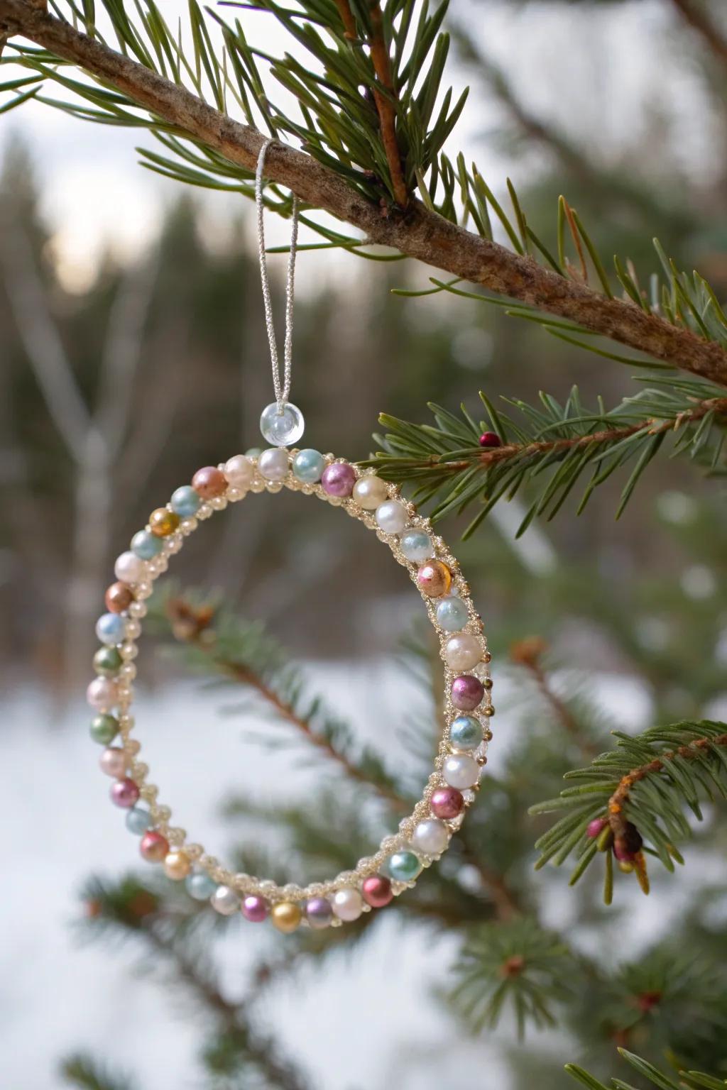 Complex beaded wreath adornments infusing a fragile impression into the yuletide plant.