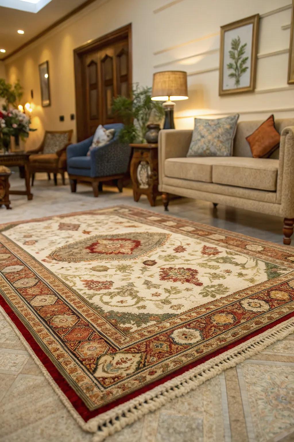 Room grounded by a stylish ornamental floor covering.