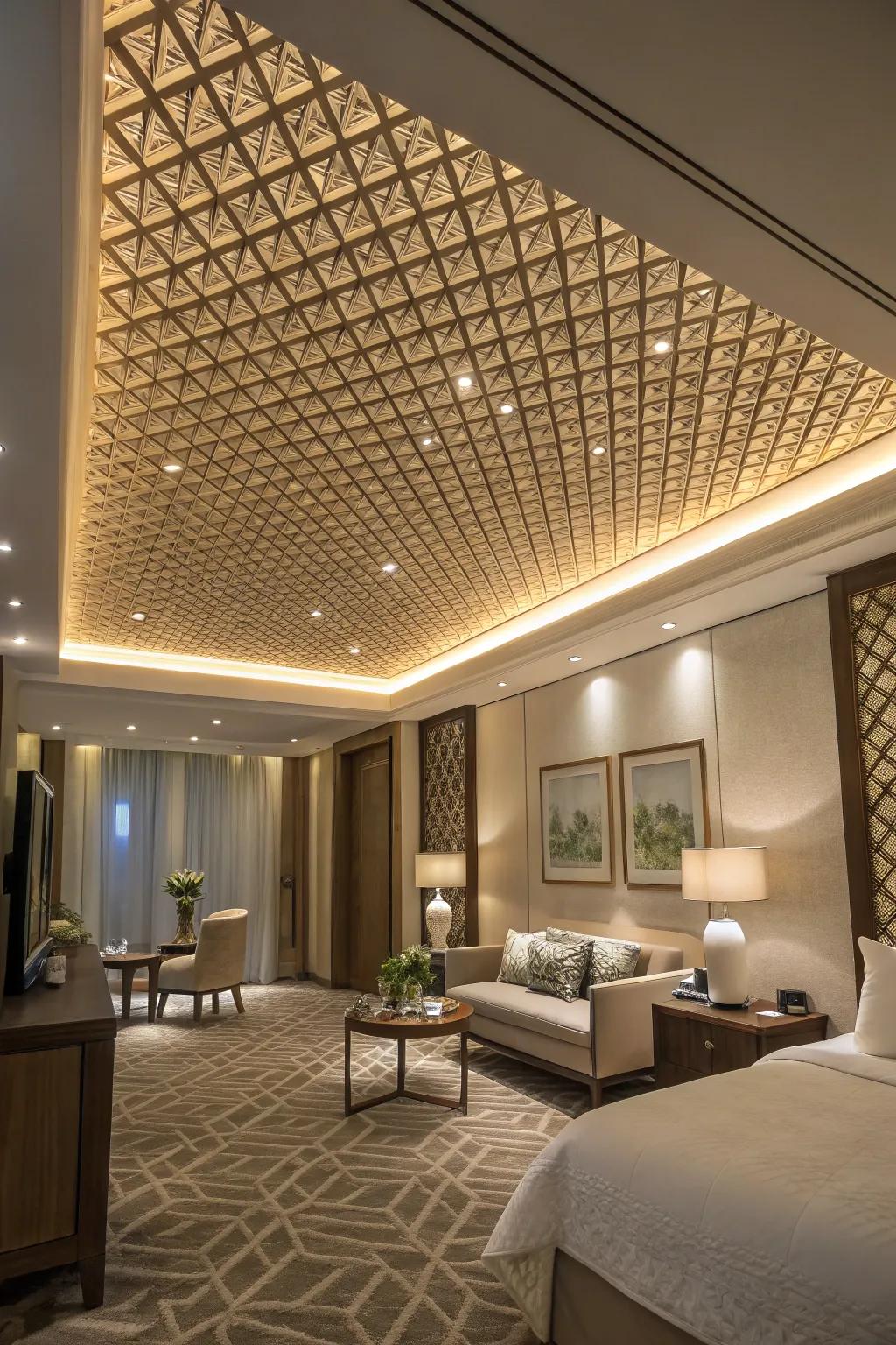 A chic chamber featuring a relieved lattice layout on the overhead plane.