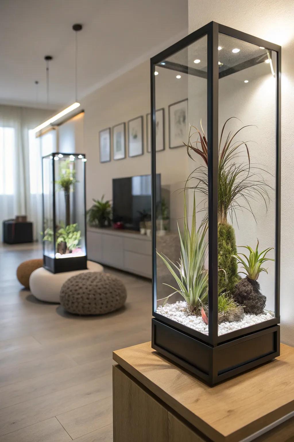 LED-lit display fixtures showcasing air plants for dramatic décor.