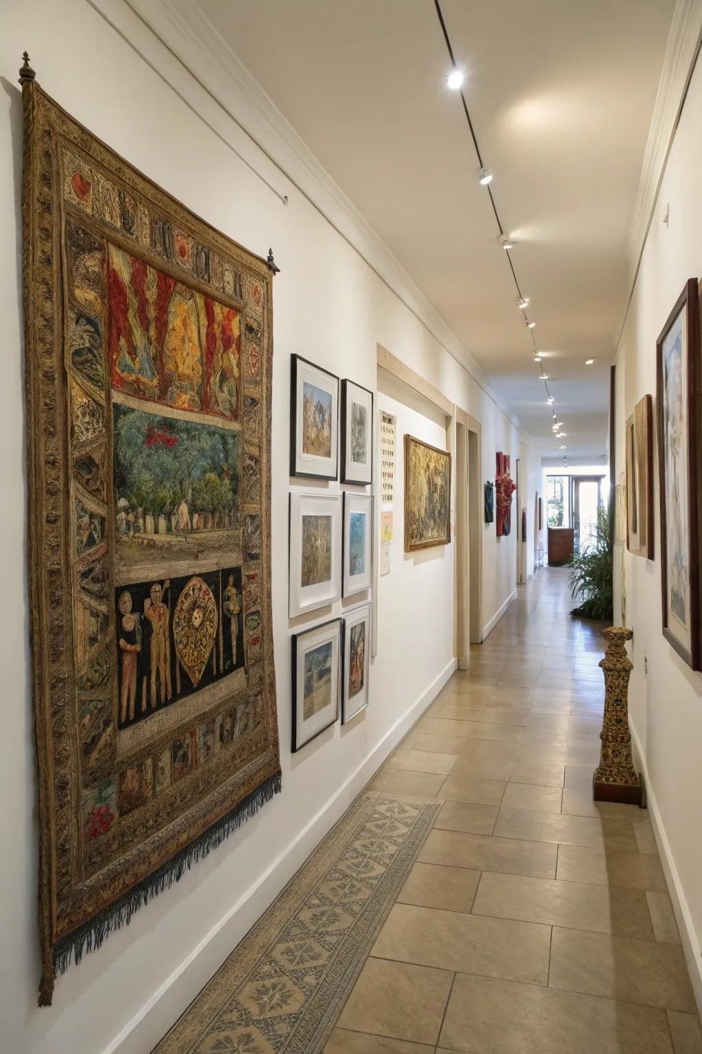 A gallery wall with a drapery introduces artistic flair.