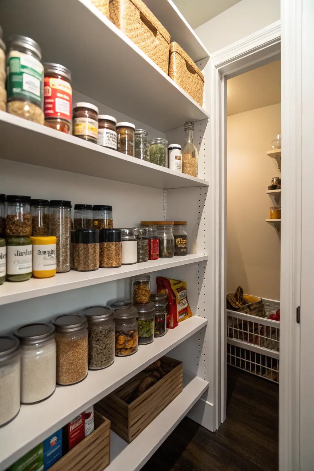 Shallow shelves maximize space in a small pantry.