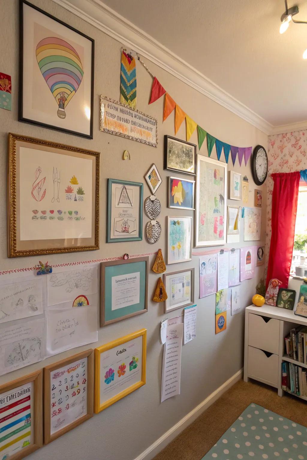 A display wall fosters pride and maintains surfaces clear.