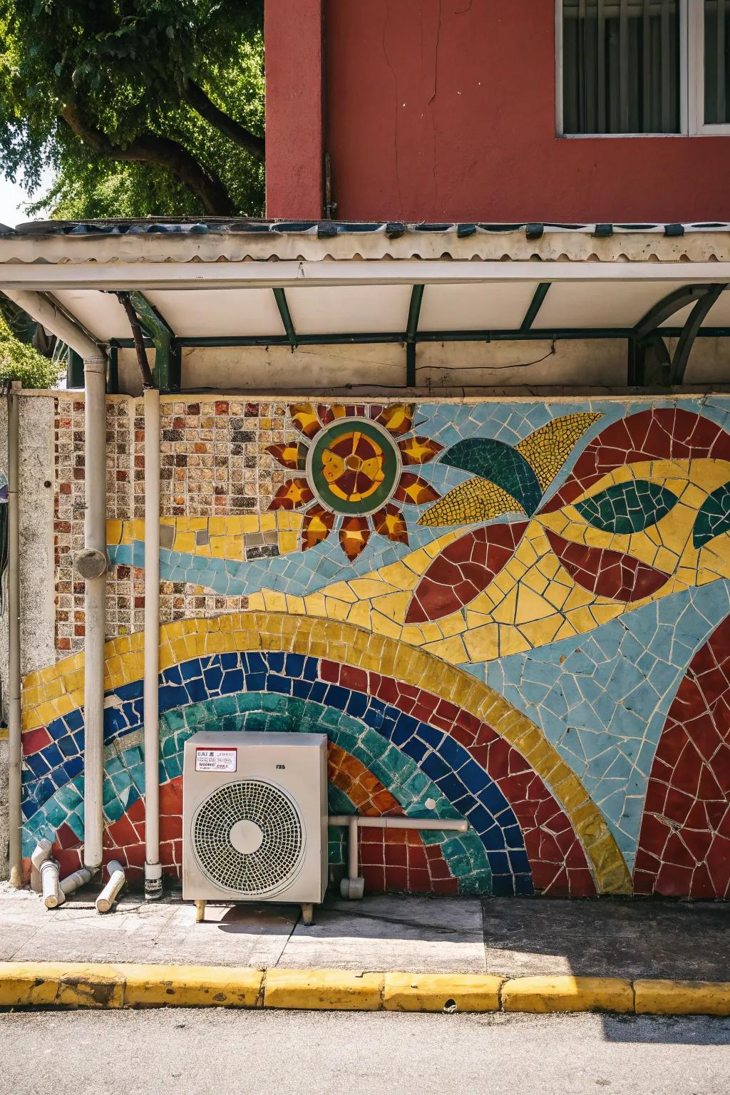 A vibrant mosaic wall delivers unique shade and artistic expression.