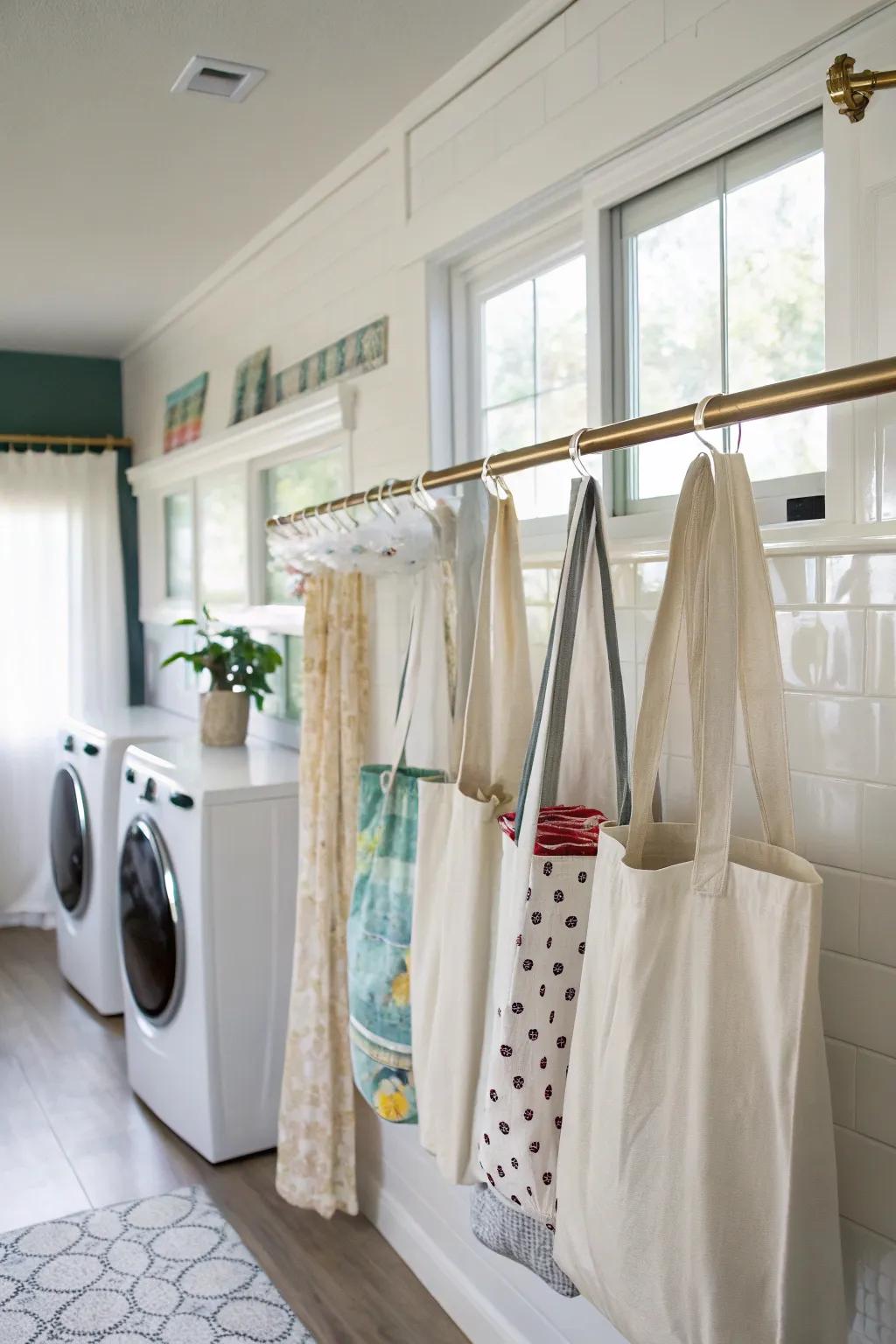 Window treatment rods can also function as a subtle carryall display.