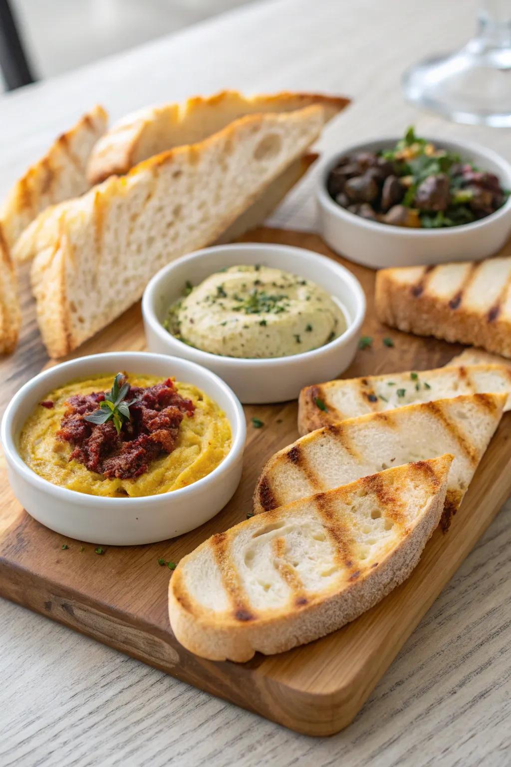 Any indoor BBQ will start deliciously with grilled bread and dips.