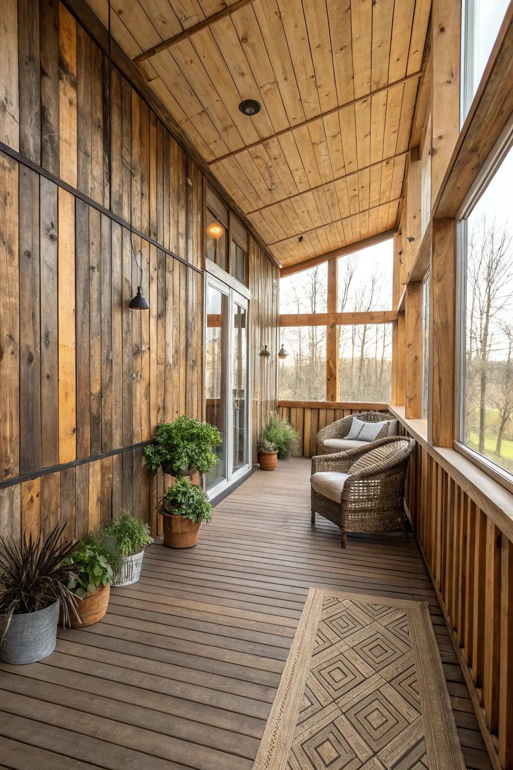 Textured walls add depth and visual interest to this indoor deck.