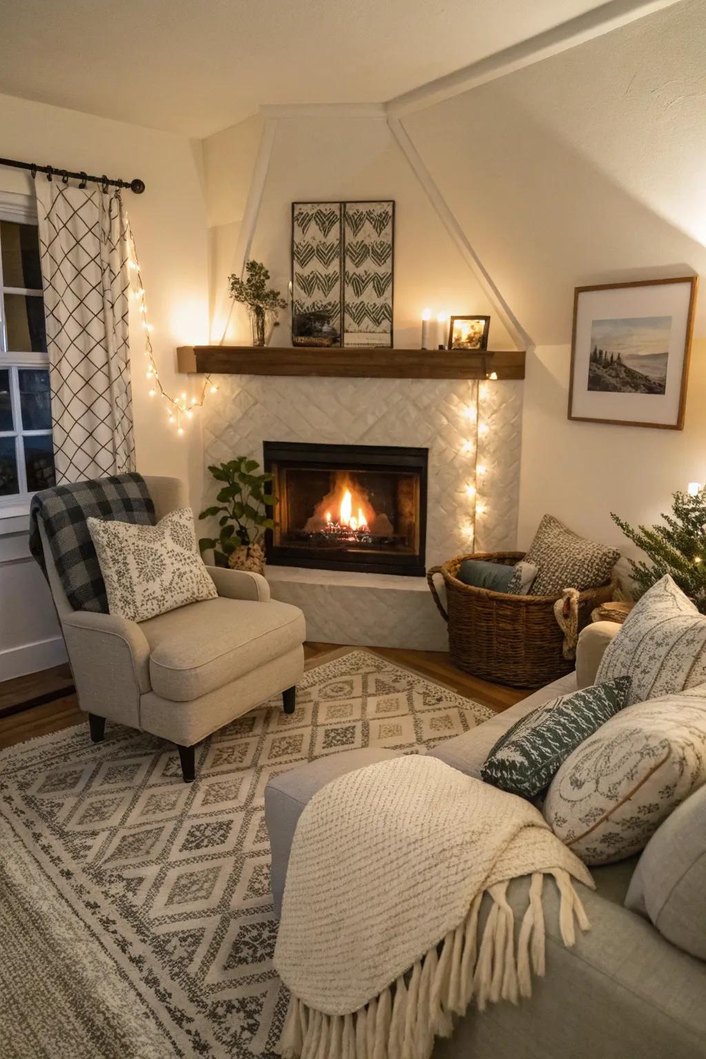 A compact living sector presenting a corner fireside with a cozy seating configuration.