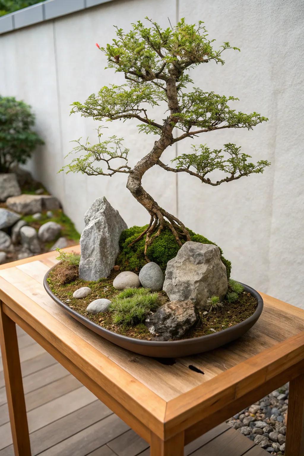 A bonsai stone garden constitutes a captivating fusion of art and nature.