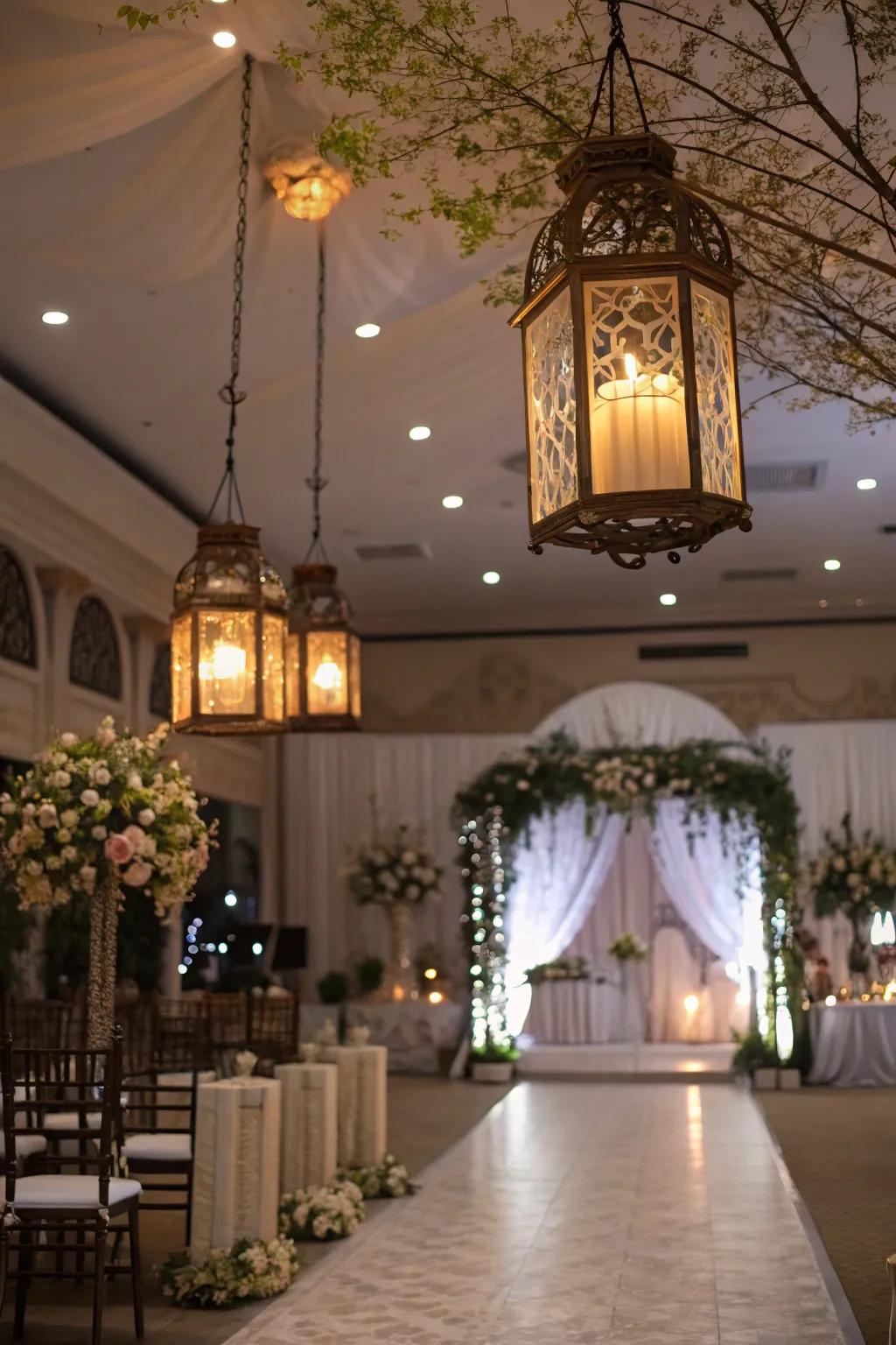 Suspended beacons imparting sophistication and cultural essence to the wedding.