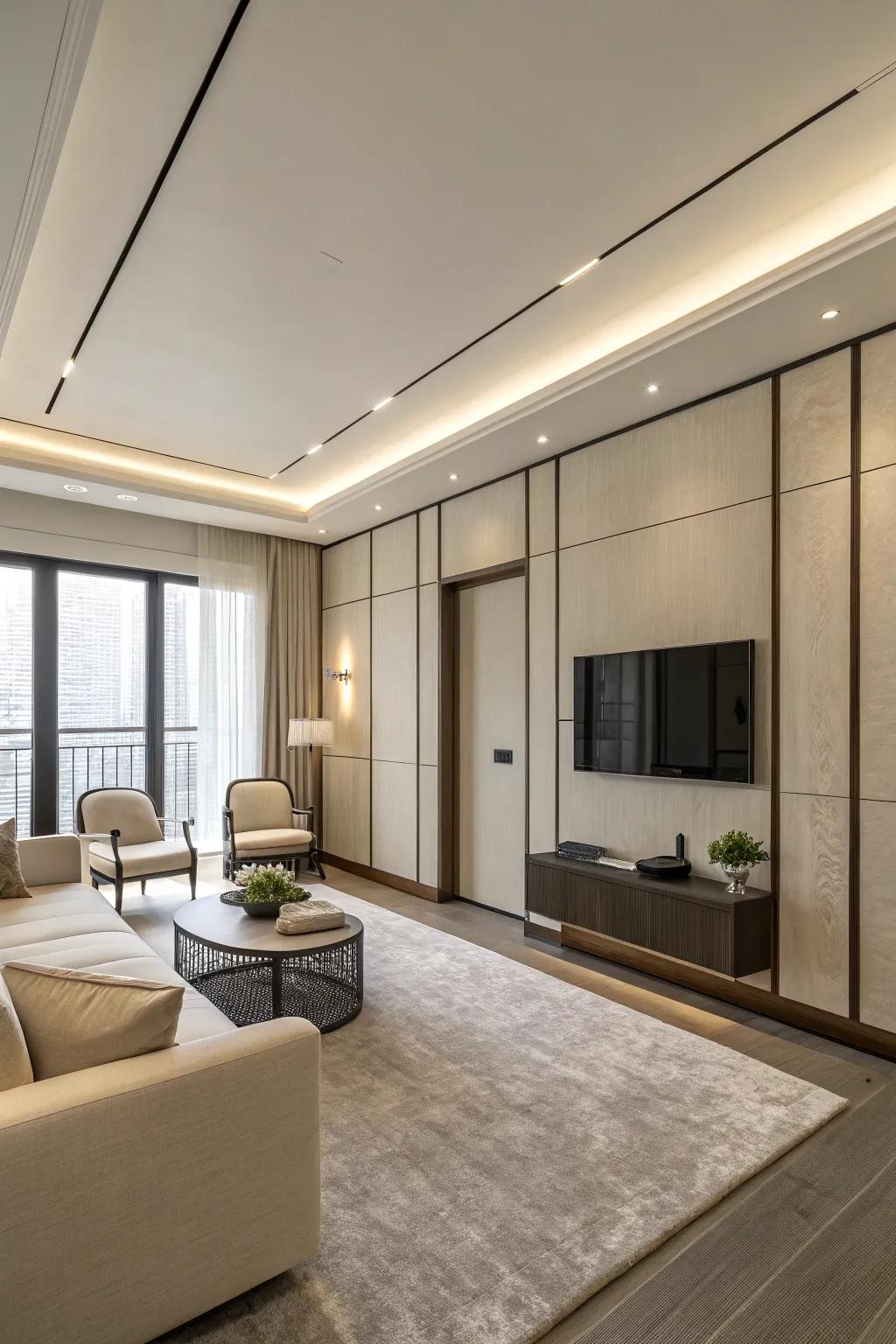 A modern minimalist room featuring simple trim lines for a sleek look.