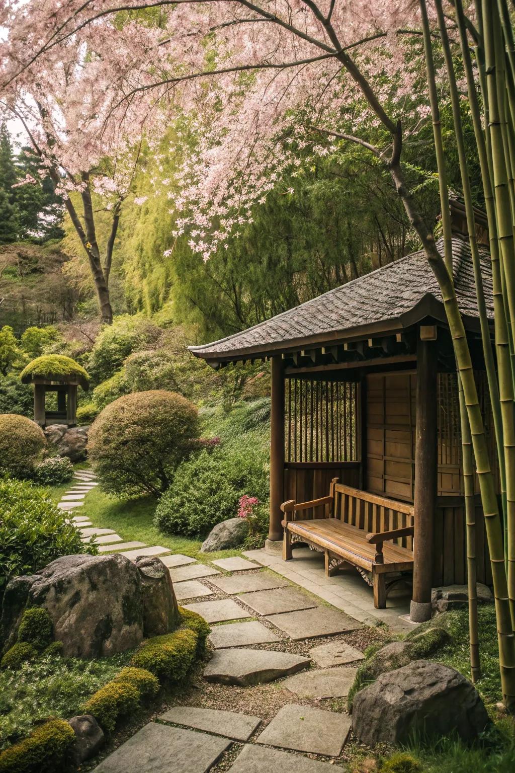 A cozy hidden alcove ideally suited for peaceful reflection in the garden.