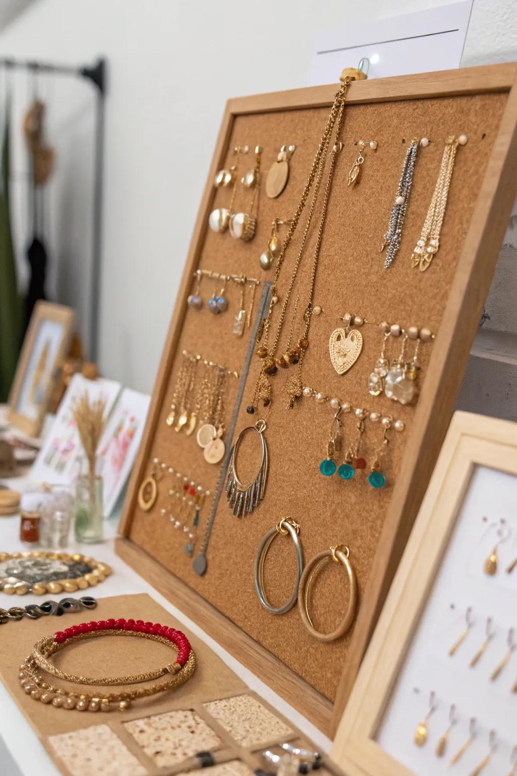 A crafty jewelry arrangement designed on a cork notice board