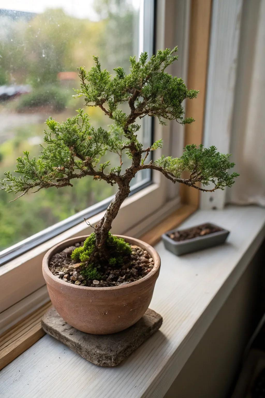 A pocket-sized juniper bonsai imparting charm to a sill within a small terra cotta vessel.