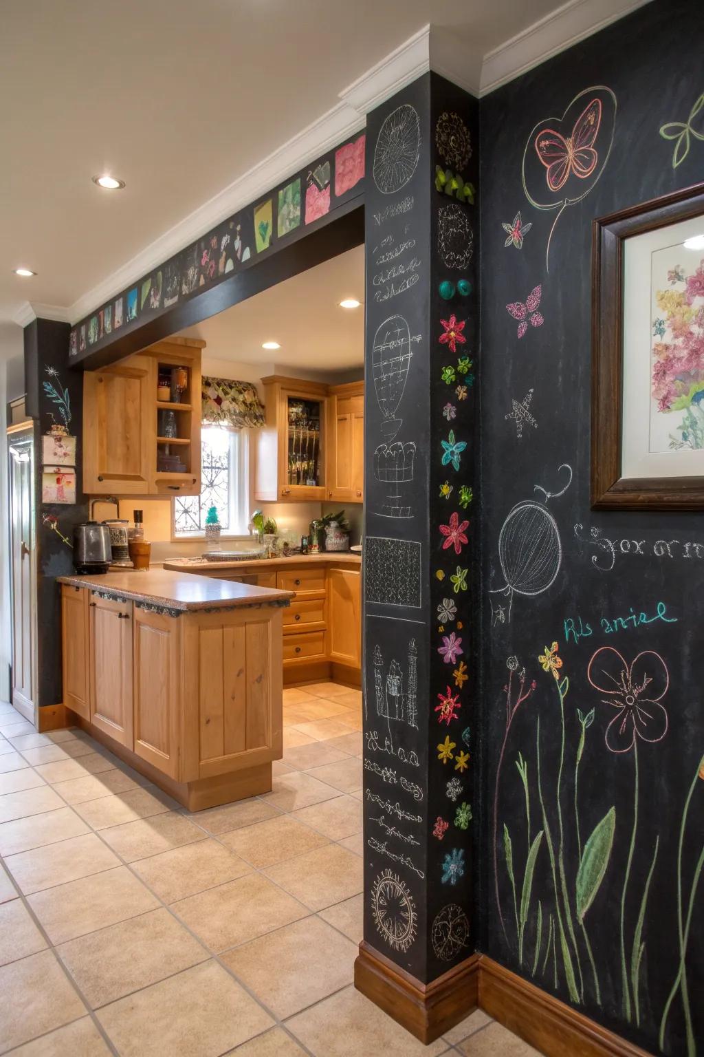 Chalkboard painted borders offer a personalized and interactive touch.