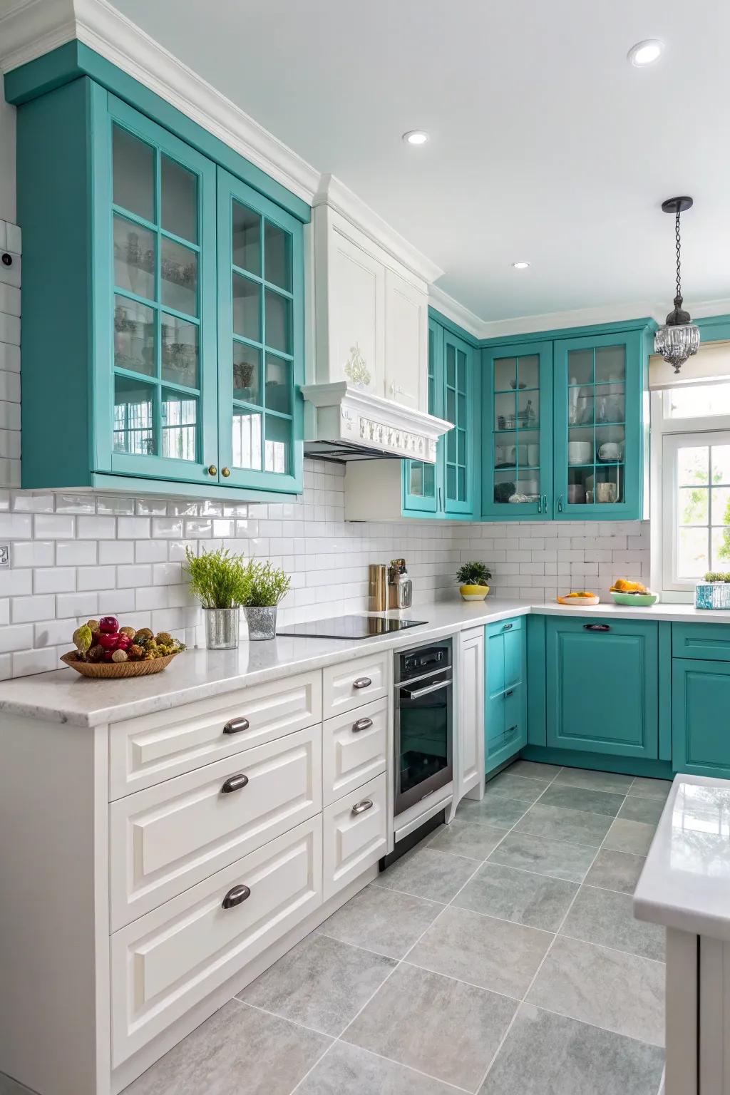 Brilliant cyan embellishments inject a spirited splash of color into your kitchen.