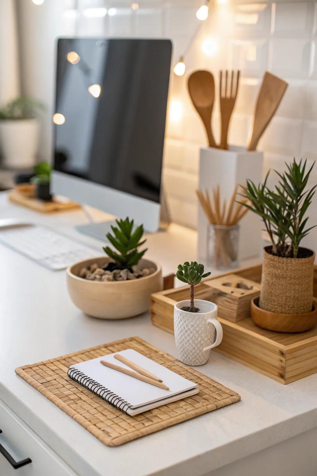 A kitchen desk area designed using tranquil principles for calm and concentration.