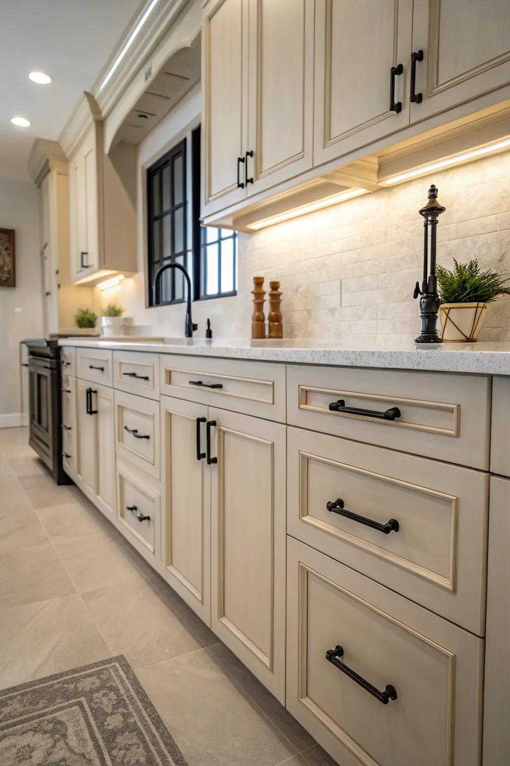 A striking utilization of contrast via deep-toned fixtures against pale cabinetwork.