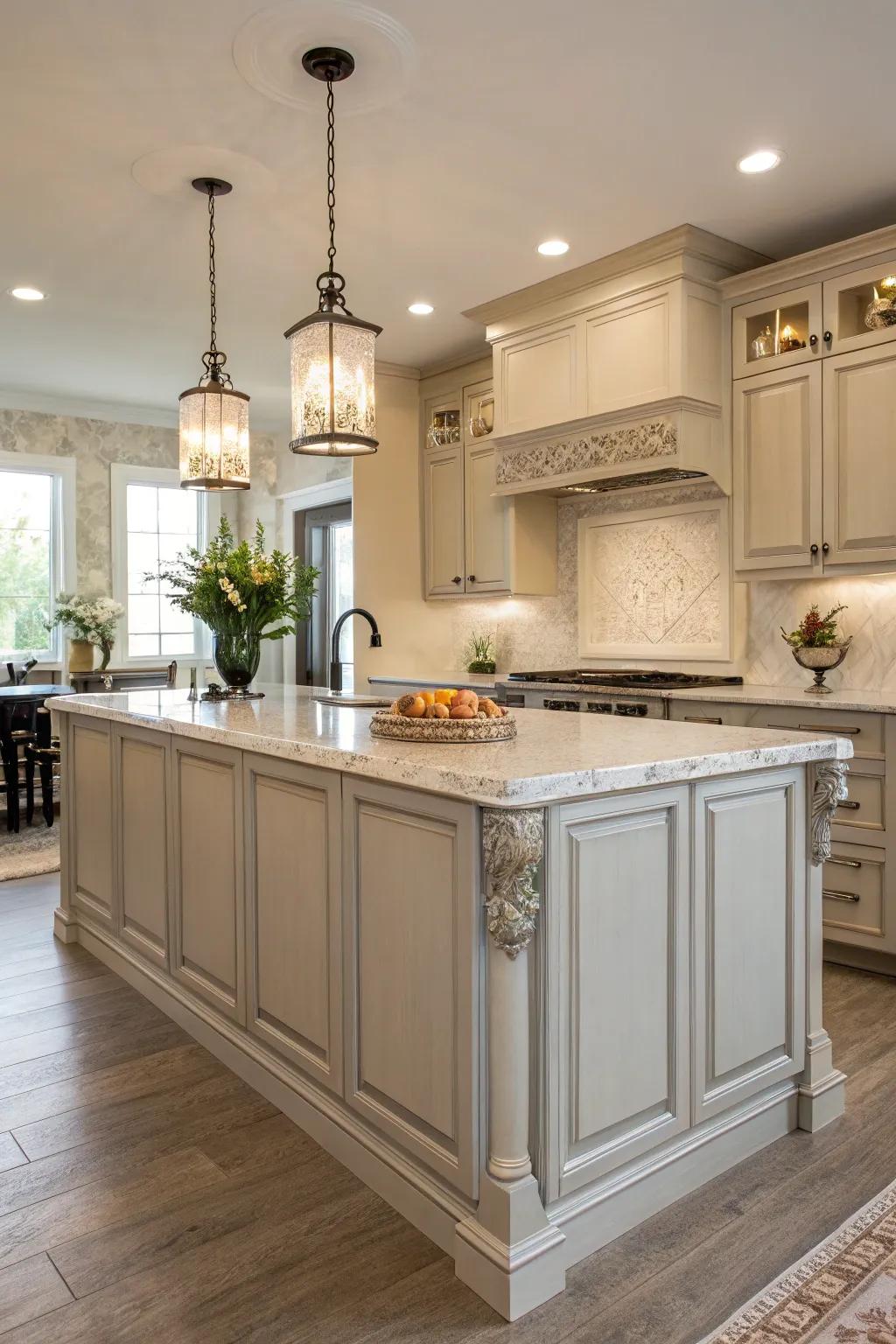 An elegant island enhanced by defined finish trim for added depth and intrigue.
