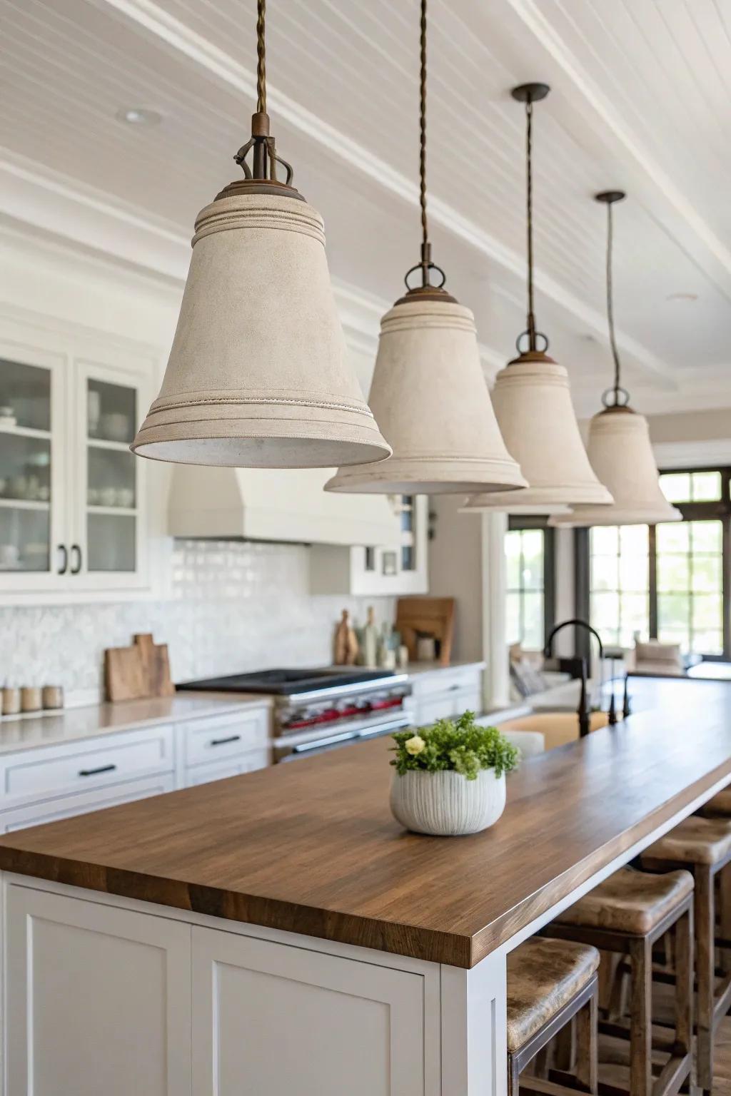 Minimalist bell suspensions afford pristine lines and understated elegance in this culinary space.