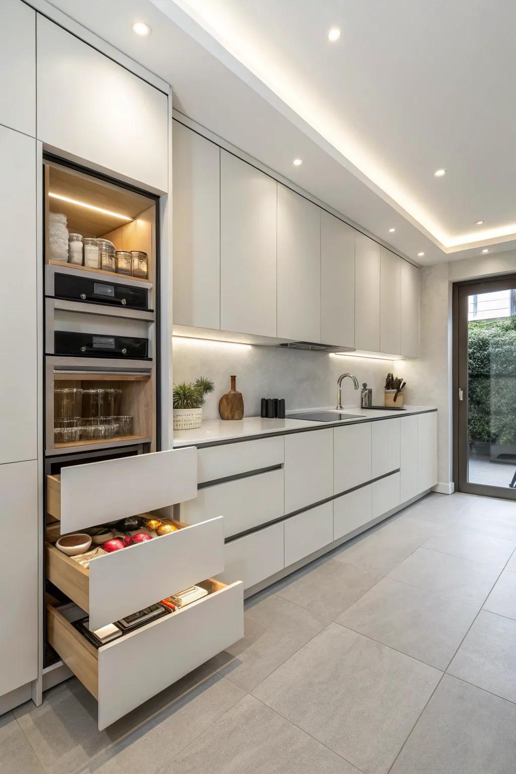 A kitchen with hidden storage features for a clutter-free environment.