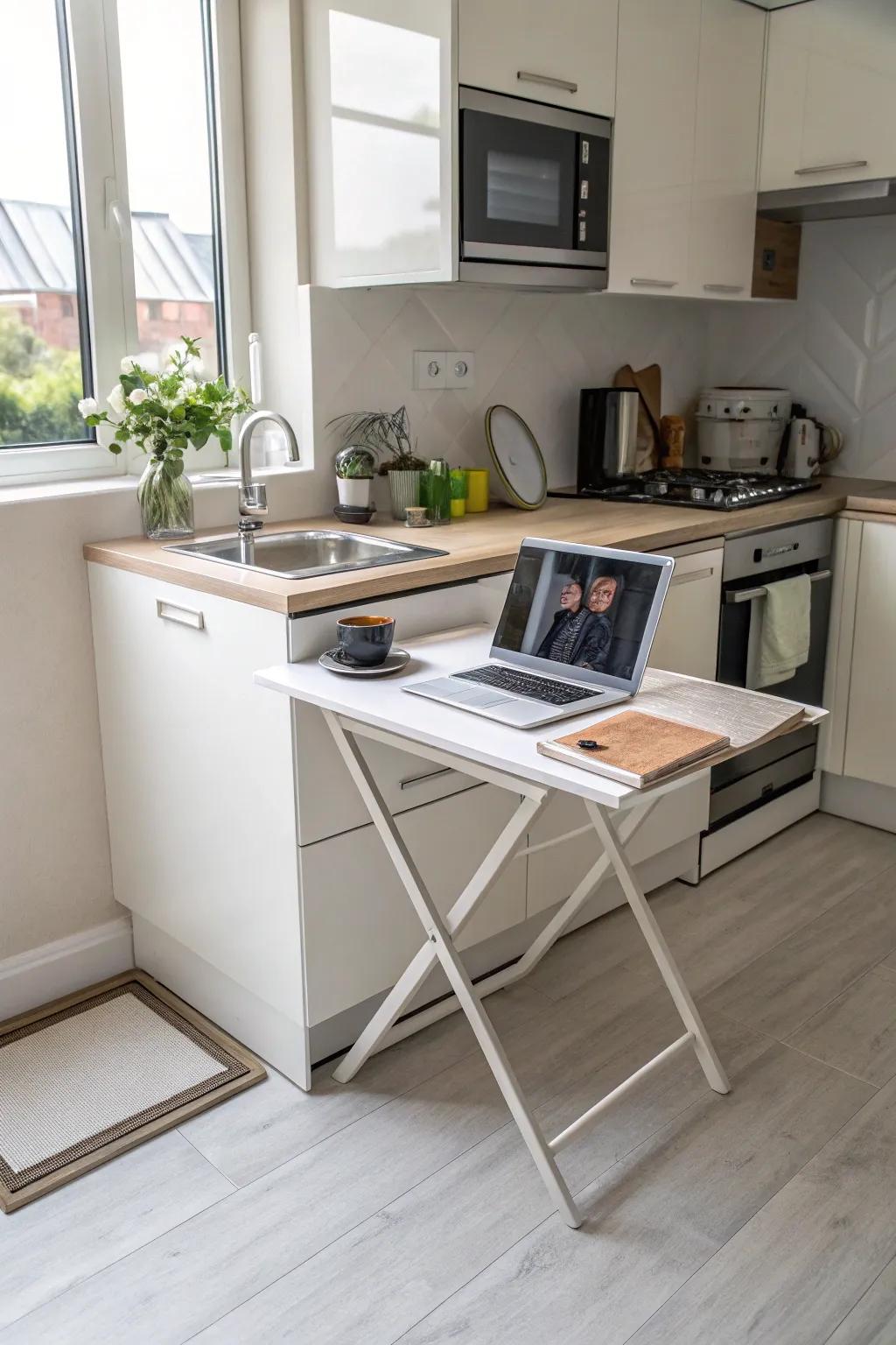 A foldable desk gives functionality to a workspace.