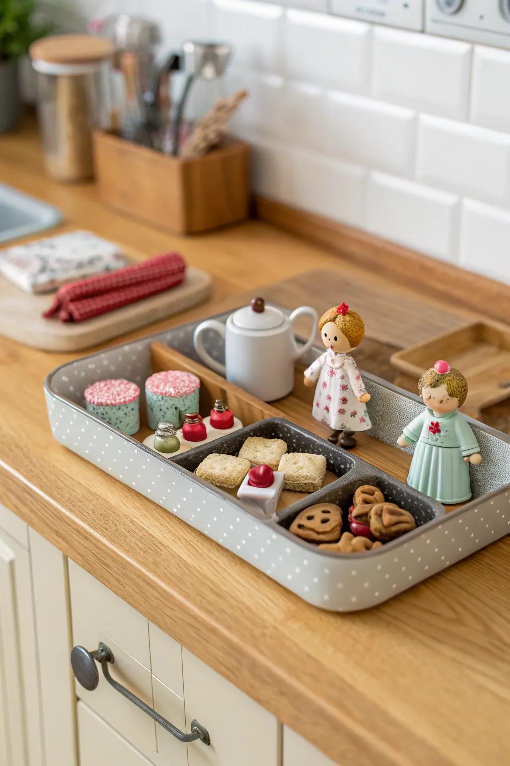 Miniature figurines introduce caprice with identity.