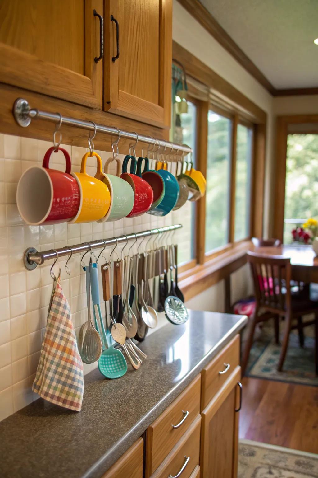 A kitchen spotlighting a peg rod for stylish and practical storage.