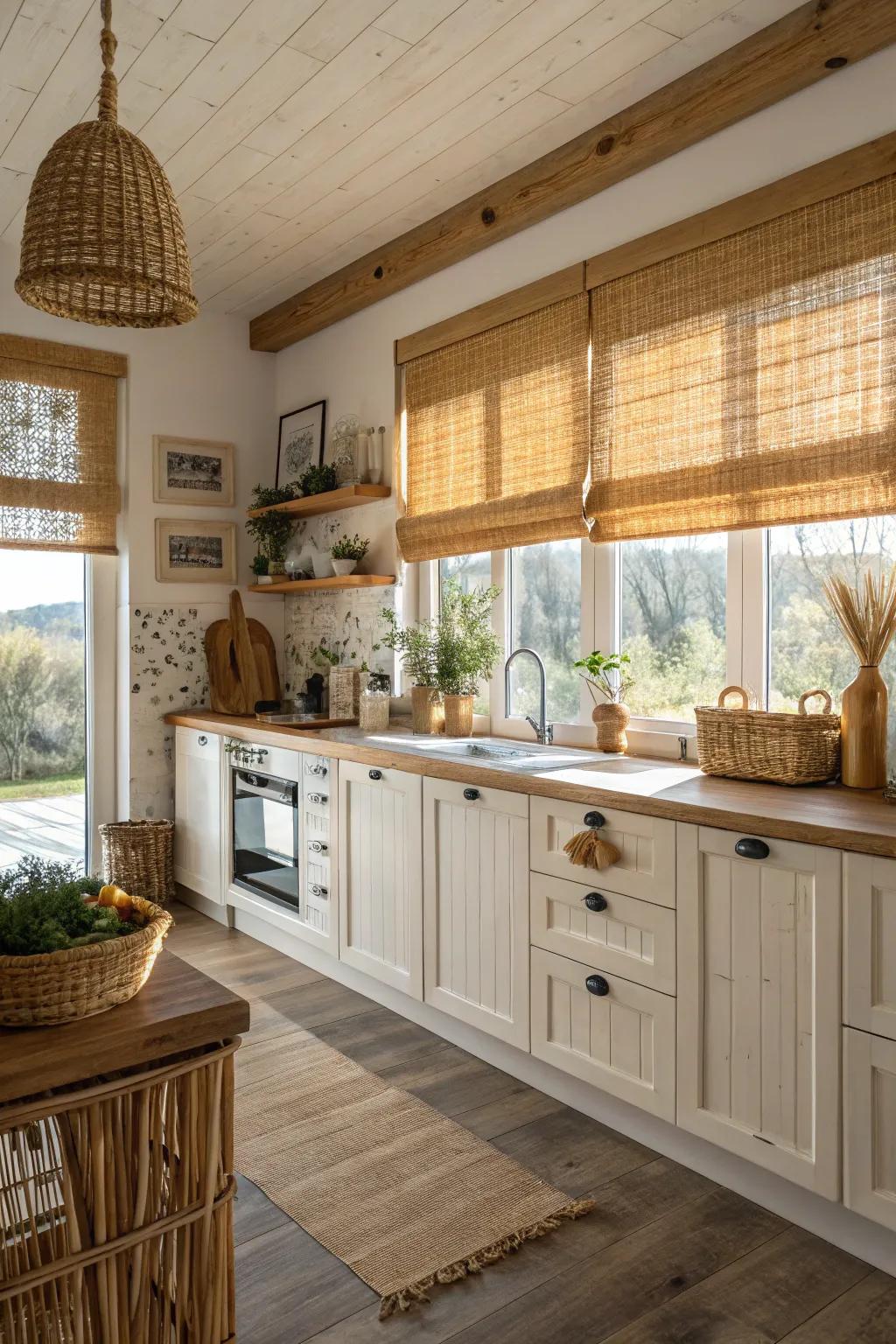Cane shades furnish texture and a countryside nuance to kitchens.