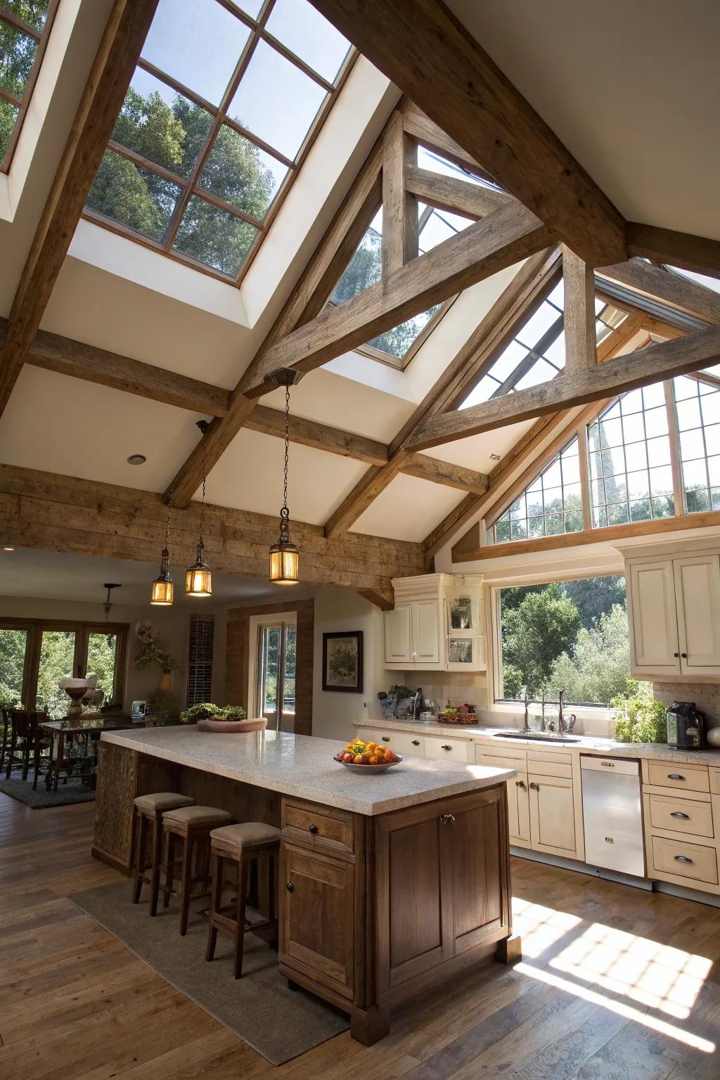 Skylights underscore the architectural nuances of this kitchen, accentuating its distinct character.
