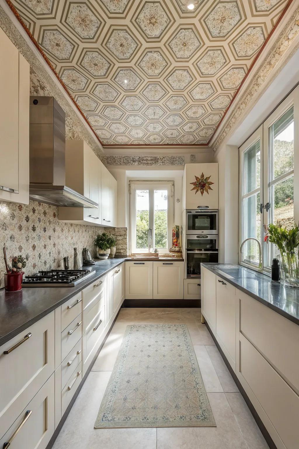 Ceiling wall covering introduces an unexpected element of design and intrigue.
