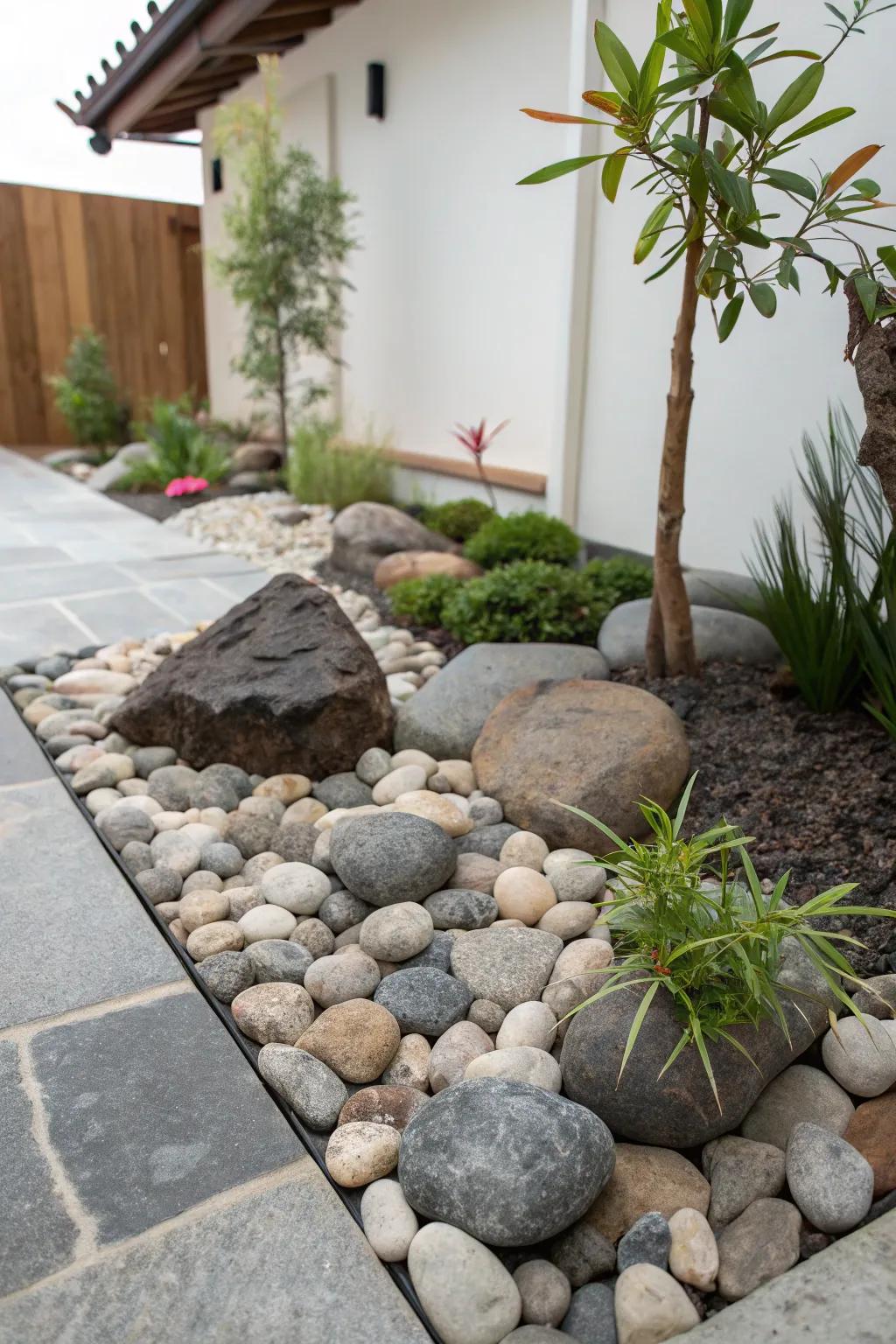 A contemplative oasis incorporating rocks and pebbles delivers tranquility and contemplation.