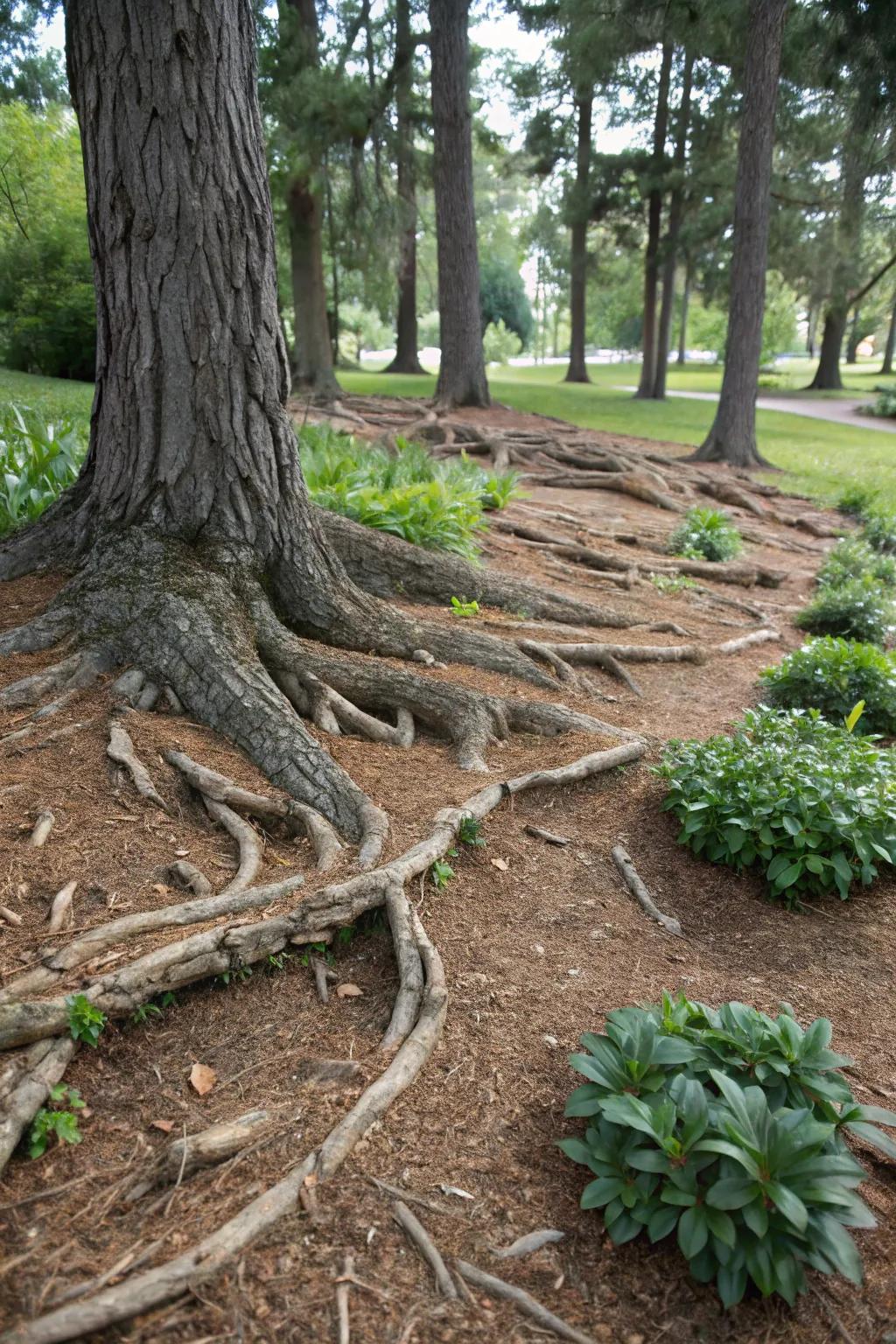 Displayed roots can metamorphose into a captivating feature in garden arrangement.